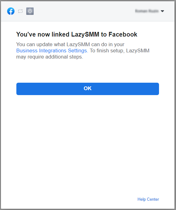 LazySMM Facebook integration confirmation