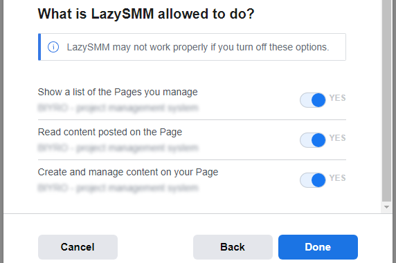 LazySMM Facebook integration flow